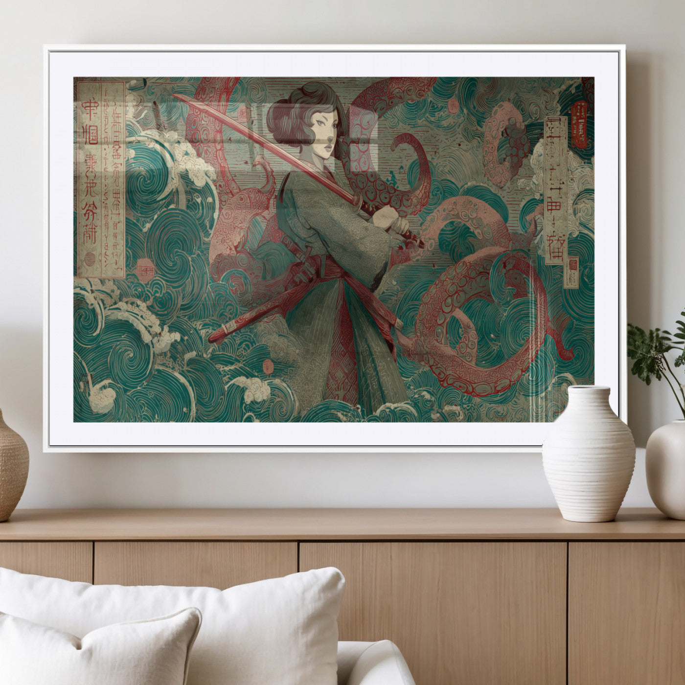 91666601-MGV-CV-36X24-Samurai Woman vs Octopus Wall Art – Japanese Ukiyo-e Green Robe Canvas Print, Ocean Battle Artwork for Living Room, Office, Man