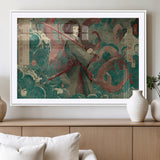 91666601-MGV-CV-36X24-Samurai Woman vs Octopus Wall Art – Japanese Ukiyo-e Green Robe Canvas Print, Ocean Battle Artwork for Living Room, Office, Man