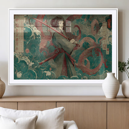 91666601-MGV-CV-36X24-Samurai Woman vs Octopus Wall Art – Japanese Ukiyo-e Green Robe Canvas Print, Ocean Battle Artwork for Living Room, Office, Man