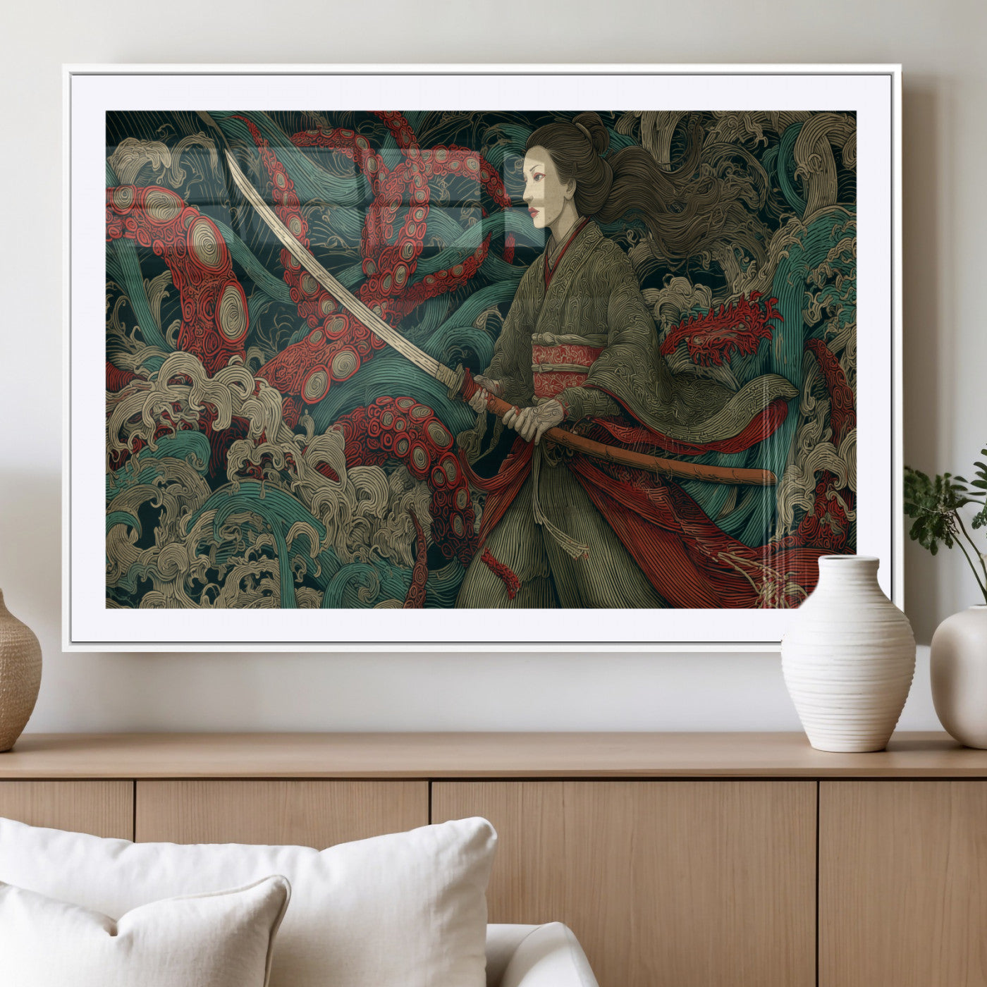 18902796-MGV-CV-36X24-Samurai Woman vs Octopus Wall Art – Japanese Ukiyo-e Green Kimono Canvas Print, Ocean Battle Scene Artwork for Living Room,