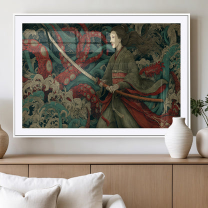 18902796-MGV-CV-36X24-Samurai Woman vs Octopus Wall Art – Japanese Ukiyo-e Green Kimono Canvas Print, Ocean Battle Scene Artwork for Living Room,
