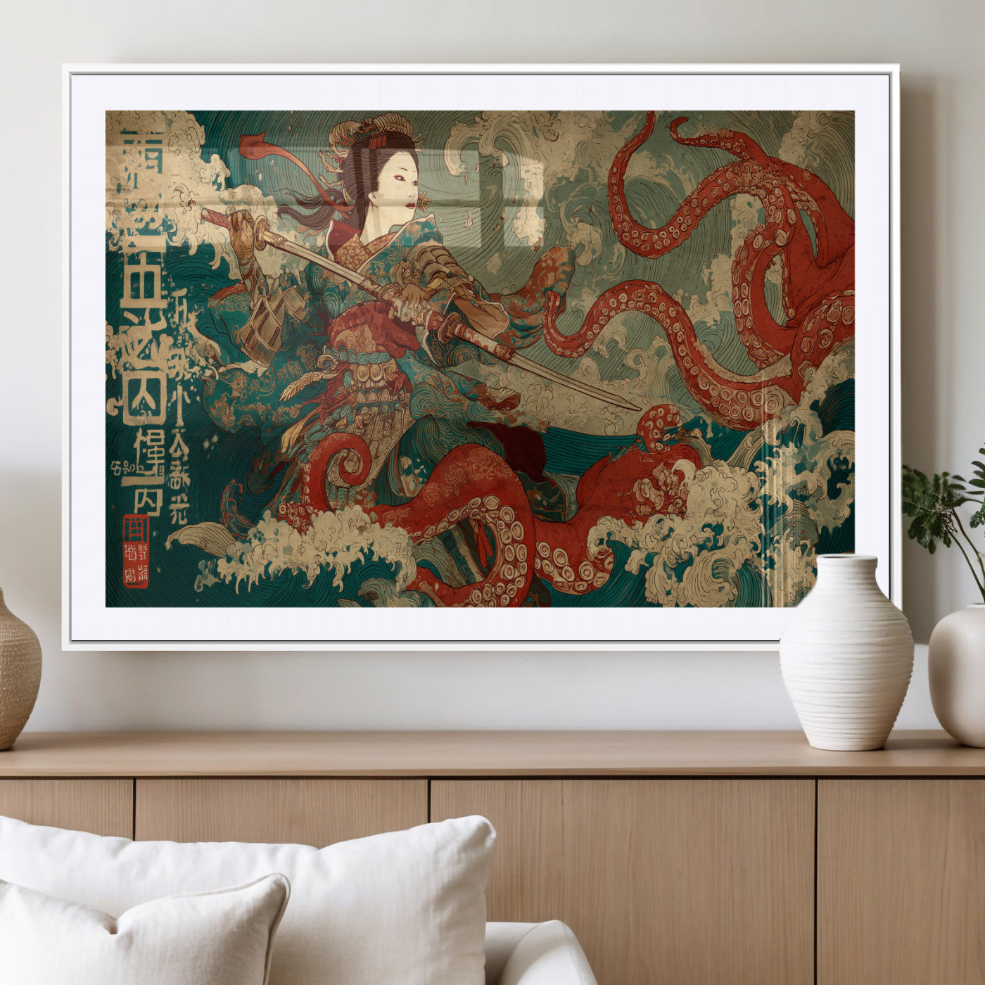 60201267-MGV-CV-36X24-Samurai Woman vs Octopus Wall Art – Japanese Ukiyo-e Armor Canvas Print, Red Tentacle Ocean Battle Artwork for Living Room,