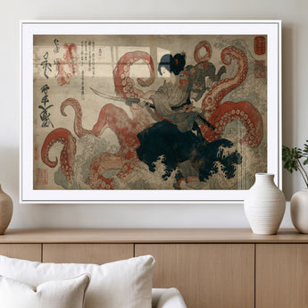 82737246-MGV-CV-36X24-Samurai Woman vs Octopus Wall Art – Japanese Ukiyo-e Dual Sword Canvas Print, Red Tentacle Ocean Battle Artwork for Living Room,