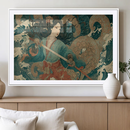 79740258-MGC-FP-36x24_White-Tsukioka Yoshitoshi Samurai Wall Art Print, Japanese Katana Warrior Canvas Wall Art, Octopus Sea Monster Canvas Print,