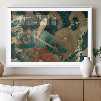 79740258-MGV-CV-36X24-Samurai Woman vs Octopus Wall Art – Japanese Ukiyo-e Blue Kimono Canvas Print, Ocean Battle Artwork for Living Room, Office, Man