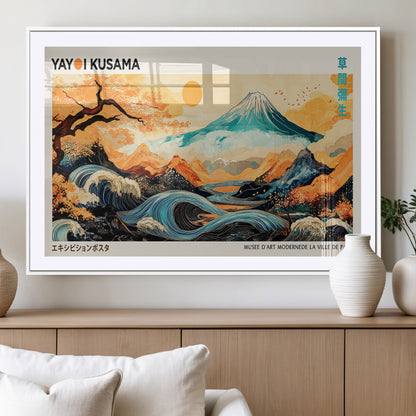 94085549-MGC-FP-36x24_White-Yayoi Kusama Inspired Japanese Landscape Art Print – Vibrant Mount Fuji, Waves & Autumn Trees, Modern Decorative Poster for
