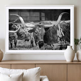 15425553-MGV-CV-36X24-Western Wall Art – Longhorn Cattle Black and White Canvas Print, Rustic Ranch Photography Decor for Bedroom, Living Room, Office,