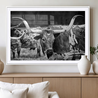 15425553-MGV-CV-36X24-Western Wall Art – Longhorn Cattle Black and White Canvas Print, Rustic Ranch Photography Decor for Bedroom, Living Room, Office,
