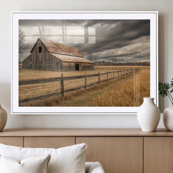 21991117-MGV-CV-36X24-Rustic Barn Wall Art – Weathered Farmhouse Canvas Print, Stormy Sky and Golden Field Photography Decor for Bedroom, Living Room,