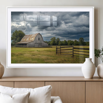 39409517-MGV-CV-36X24-Rustic Barn Wall Art – Weathered Farmhouse and Storm Clouds Canvas Print, Country Landscape Photography Decor for Bedroom, Living