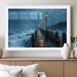 93793246-MGC-FP-36x24_White-Stormy Night Pier Canvas Wall Art – Moody Ocean Landscape with Lights, Blue Coastal Seascape Print for Bedroom, Living Room,