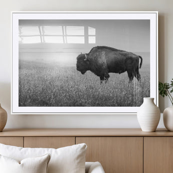 90861202-MGV-CV-36X24-Black and White Bison Canvas Wall Art – Rustic American Buffalo Print, Western Wildlife Photography for Farmhouse, Cabin, Office