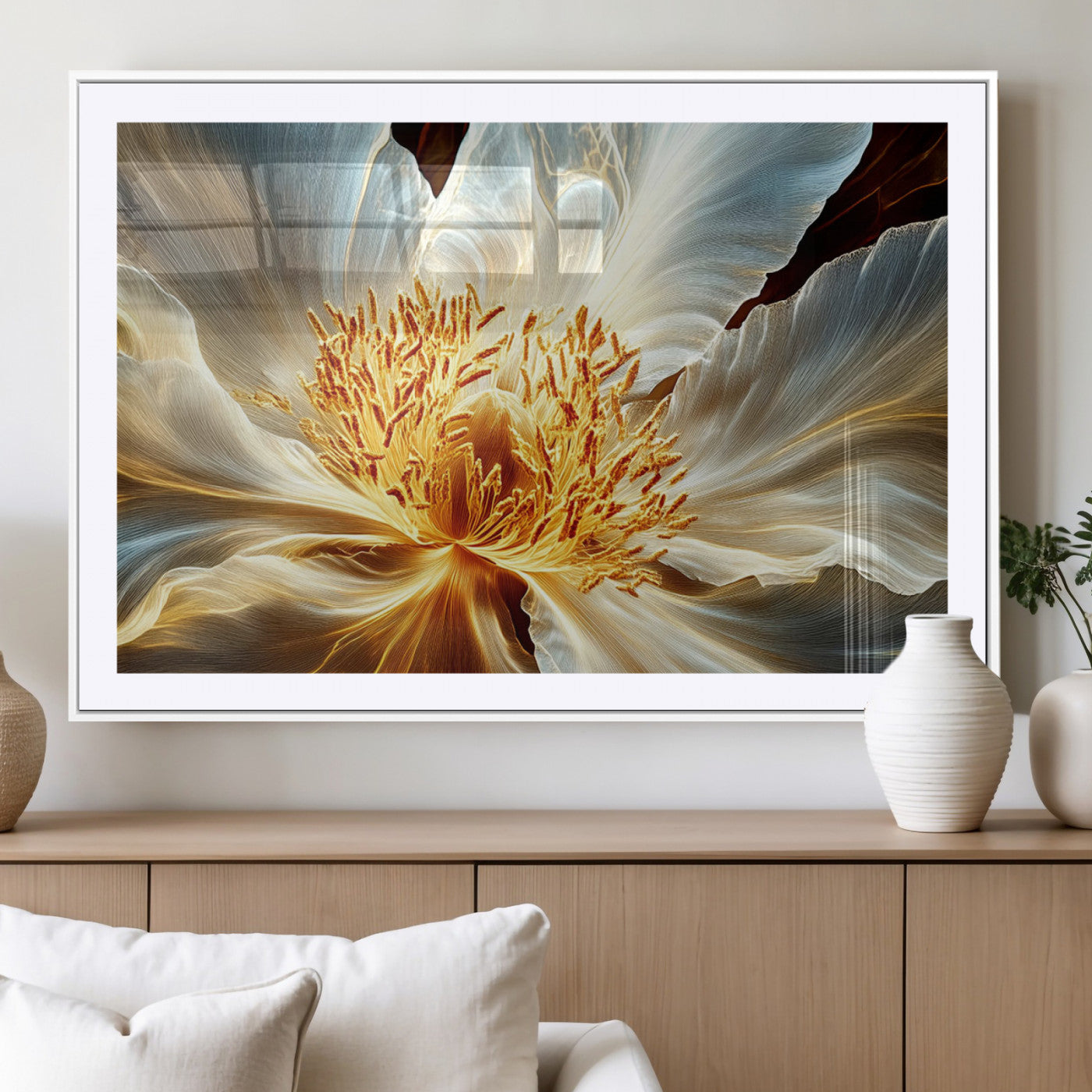 20862576-MGV-CV-36X24-Golden Abstract Flower Canvas Wall Art – Modern Botanical Bloom Print, Elegant Floral Artwork for Living Room, Bedroom, Office