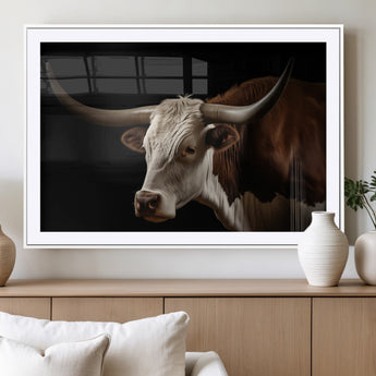 27414857-MGC-FP-36x24_White-Texas Longhorn Bull Canvas Wall Art – Rustic Western Farmhouse Decor, Brown & White Cow Portrait, Animal Print for Ranch Home