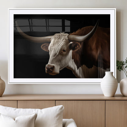 27414857-MGV-CV-36X24-Longhorn Bull Wall Art – Dramatic Western Steer Portrait Canvas Print, Rustic Farmhouse Animal Decor for Living Room, Office, or