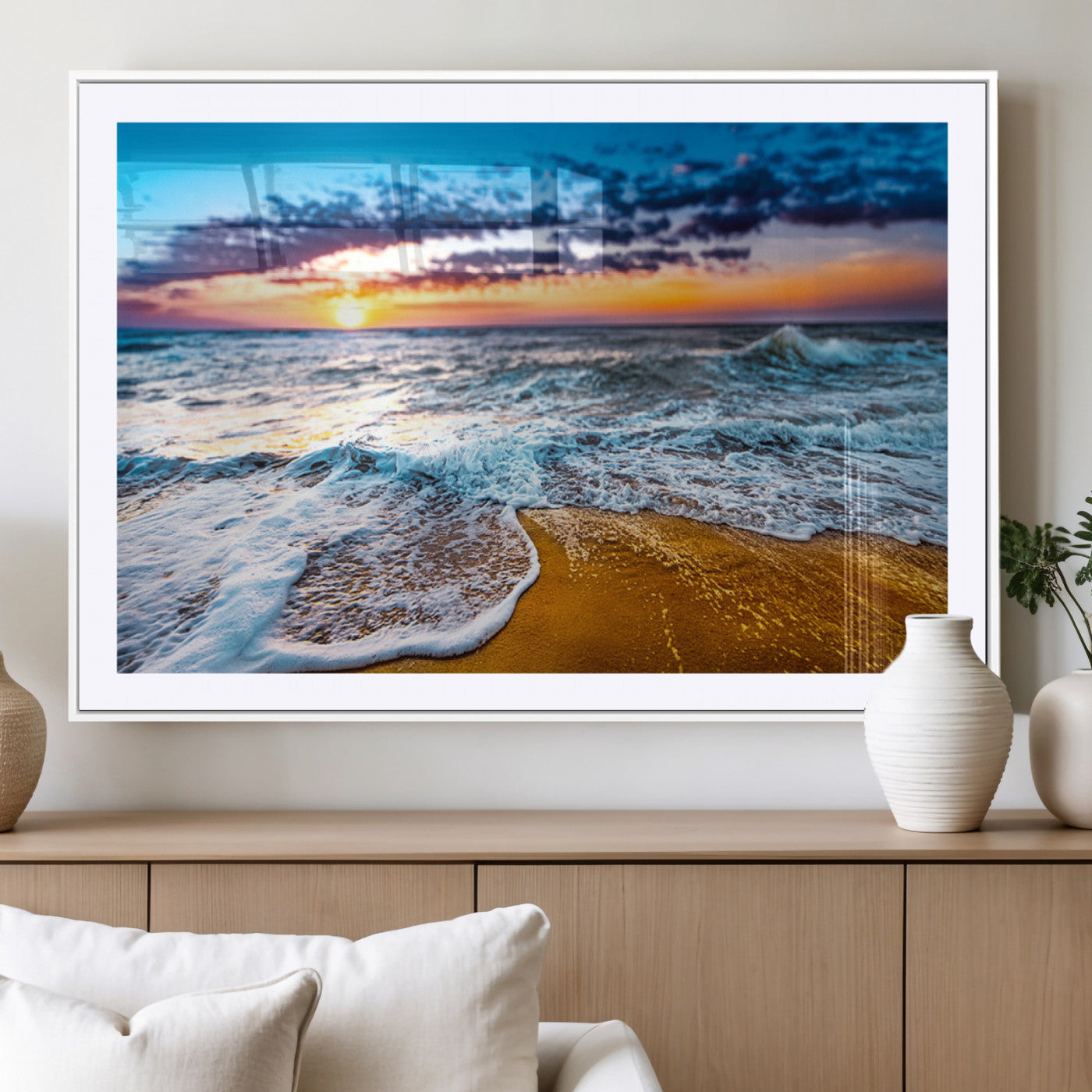 24077769-MGV-CV-36X24-Sunset Beach Wall Art – Ocean Waves Canvas Print, Golden Shoreline Photography Coastal Decor for Living Room, Bedroom, Office,