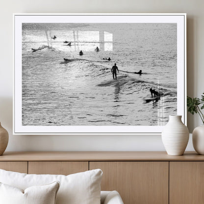 68018616-MGV-CV-36X24-Black and White Surf Photography Print – Minimalist Ocean Wall Art, Surfers Riding Waves, Coastal Beach Decor for Modern Home or