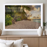 89531159-MGV-CV-36X24-Tropical Beach Sunset Canvas Wall Art – Palm Trees Golden Sand Ocean Waves Coastal Paradise Print for Beach House Bedroom Bathroom