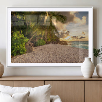 89531159-MGV-CV-36X24-Tropical Beach Sunset Canvas Wall Art – Palm Trees Golden Sand Ocean Waves Coastal Paradise Print for Beach House Bedroom Bathroom
