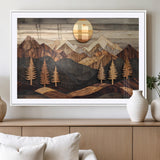 90044381-MGC-FP-36x24_White-Rustic Wall Art – Wooden Mountain Landscape with Sun and Pine Trees, Handcrafted Nature Canvas Style Decor for Bedroom, Living