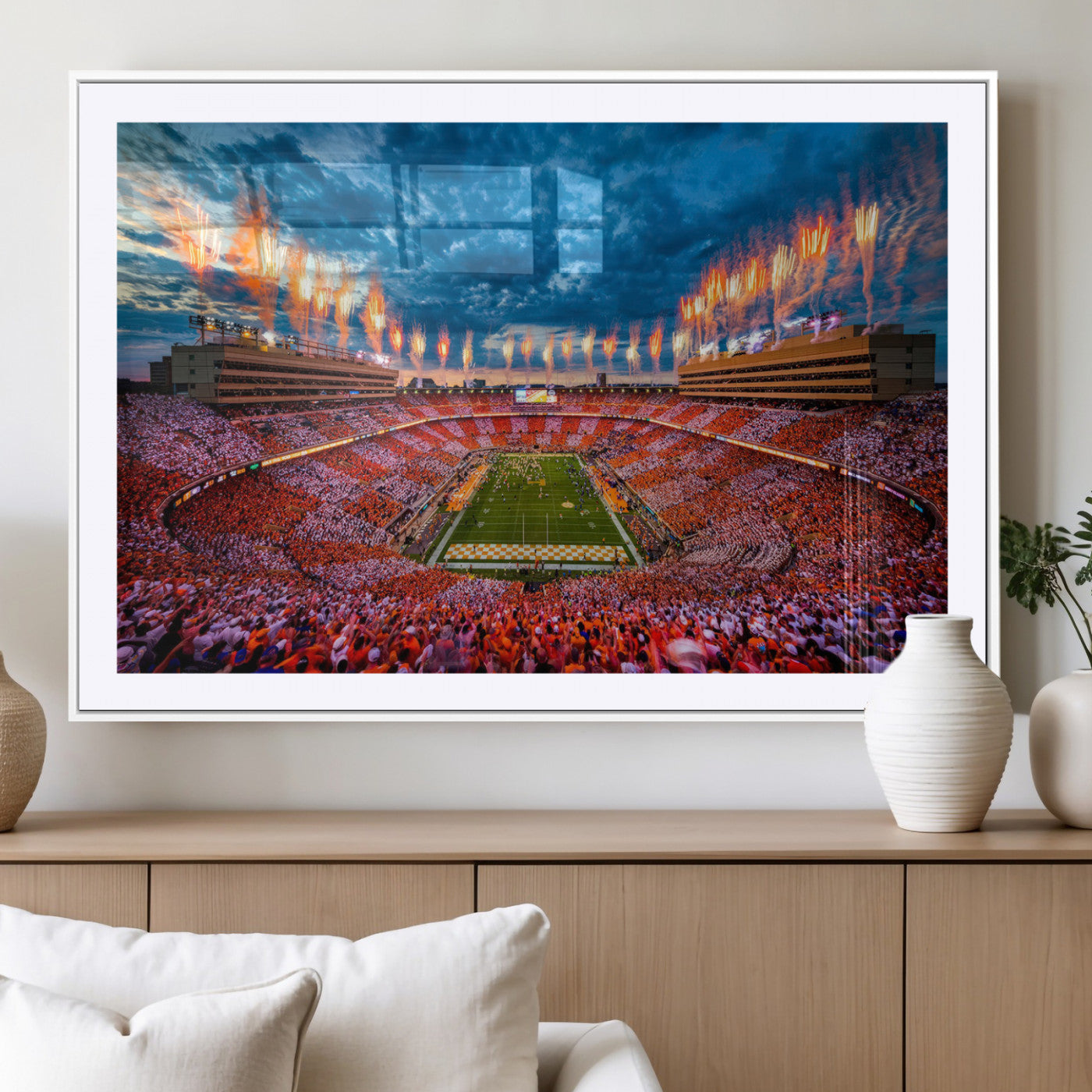94266219-MGV-CV-36X24-Neyland Stadium Wall Art – Panoramic Tennessee Volunteers Checkerboard Crowd Fireworks Canvas Print, Football Game Day Sports
