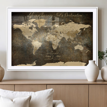 13394308-MGV-CV-36X24-Personalized World Map Wall Art – Dark Rustic Vintage Adventure Travel Map with Custom Couple Names, Timeless Wall Decor for Home