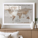 43869621-MGV-CV-36X24-Personalized World Map Wall Art – Light Beige Sepia Adventure Travel Map with Custom Family or Couple Names, Rustic Wall Decor for