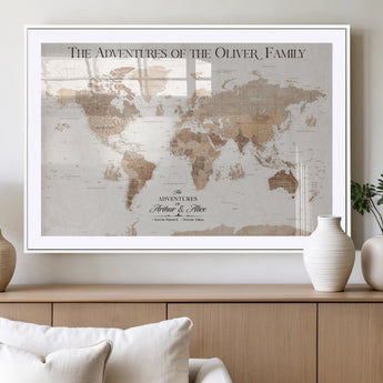 43869621-MGV-CV-36X24-Personalized World Map Wall Art – Light Beige Sepia Adventure Travel Map with Custom Family or Couple Names, Rustic Wall Decor for