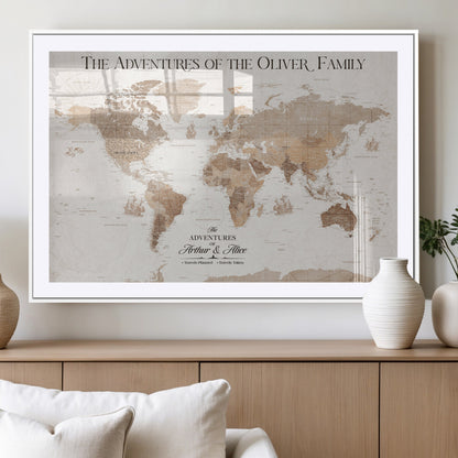 43869621-MGV-CV-36X24-Personalized World Map Wall Art – Light Beige Sepia Adventure Travel Map with Custom Family or Couple Names, Rustic Wall Decor for