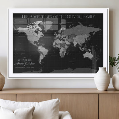46064114-MGV-CV-36X24-Personalized World Map Wall Art – Black & Grey Adventure Travel Map with Custom Family or Couple Names, Modern Wall Decor for Home