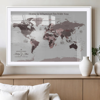 33204797-MGV-CV-36X24-Personalized World Map Wall Art – Burgundy & Grey Adventure Travel Map with Custom Names, Romantic Wall Decor for Couples, Home or