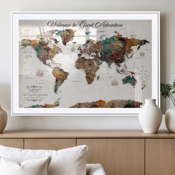 67029173-MGV-CV-36X24-Personalized World Map Wall Art – Colorful Vintage Adventure Travel Map with Custom Couple Names, Rustic Wall Decor for Home,
