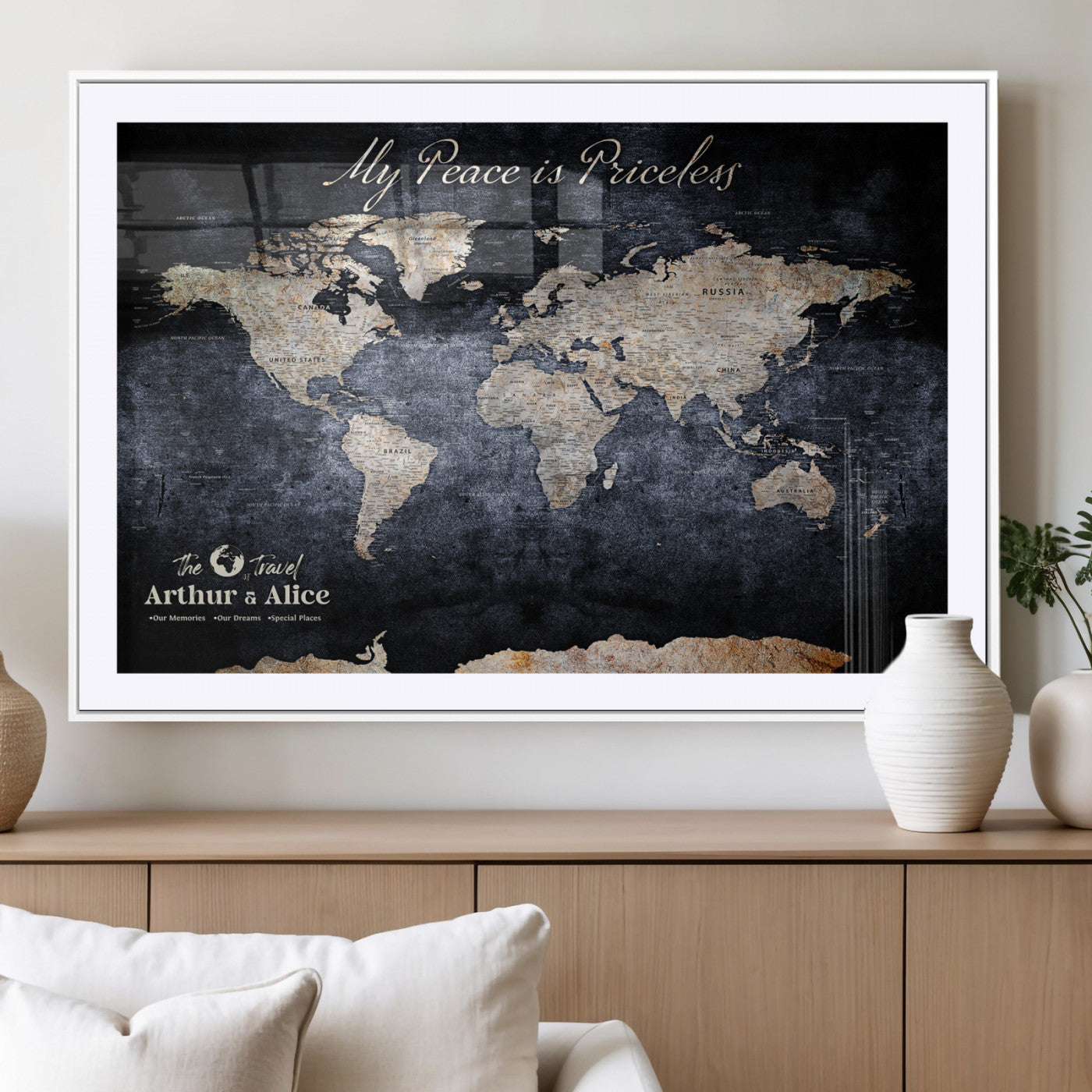85403043-MGV-CV-36X24-Personalized World Map Wall Art – Dark Blue Rustic Adventure Map with Custom Couple Names, Vintage Wall Decor for Home or Travel
