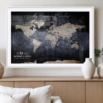 85403043-MGV-CV-36X24-Personalized World Map Wall Art – Dark Blue Rustic Adventure Map with Custom Couple Names, Vintage Wall Decor for Home or Travel