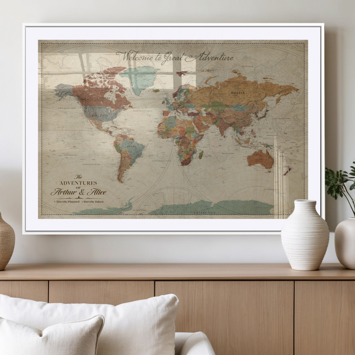 43497401-MGV-CV-36X24-Personalized World Map Wall Art – Vintage Rustic Adventure Travel Map with Custom Couple Names, Welcome to Great Adventure Wall