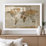 18685073-MGC-FP-36x24_White-Personalized World Map Wall Art – Antique Vintage Parchment Adventure Awaits Travel Map with Custom Couple Names, Rustic Wall