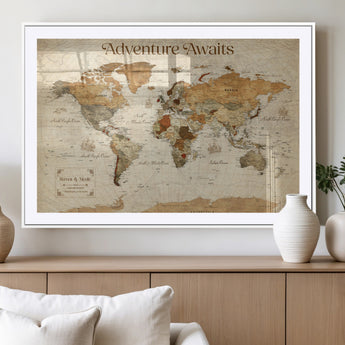 18685073-MGC-FP-36x24_White-Personalized World Map Wall Art – Antique Vintage Parchment Adventure Awaits Travel Map with Custom Couple Names, Rustic Wall