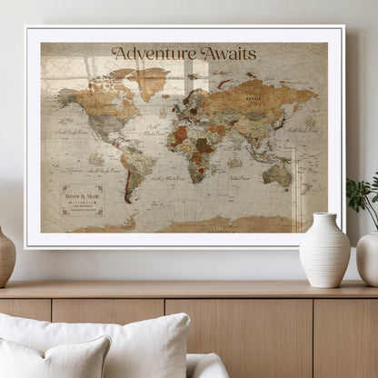 18685073-MGC-FP-36x24_White-Personalized World Map Wall Art – Antique Vintage Parchment Adventure Awaits Travel Map with Custom Couple Names, Rustic Wall