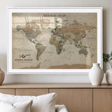 62766900-MGV-CV-36X24-Personalized World Map Wall Art – Antique Parchment Adventure Travel Map with Custom Couple Names, Rustic Wall Decor for Home,