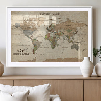62766900-MGV-CV-36X24-Personalized World Map Wall Art – Antique Parchment Adventure Travel Map with Custom Couple Names, Rustic Wall Decor for Home,