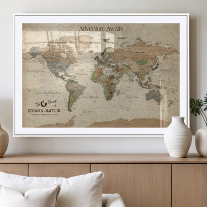 62766900-MGV-CV-36X24-Personalized World Map Wall Art – Antique Parchment Adventure Travel Map with Custom Couple Names, Rustic Wall Decor for Home,