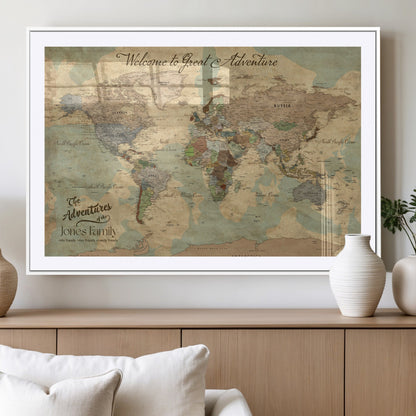 32019746-MGV-CV-36X24-Personalized World Map Wall Art – Vintage Camo Adventure Travel Map with Custom Family Names, Rustic Wall Decor for Couples, Home