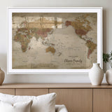 31874045-MGV-CV-36X24-Personalized World Map Wall Art – Vintage Earth Tone Adventure Map with Custom Family Names, Rustic Travel Decor for Home, Couples