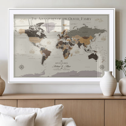 40679469-MGV-CV-36X24-Personalized World Map Wall Art – Neutral Tones Adventure Travel Map with Custom Family Names, Rustic Wall Decor for Living Room