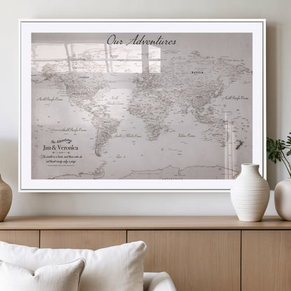 11706567-MGV-CV-36X24-Personalized World Map Wall Art – Minimalist Beige Adventure Travel Map with Custom Names, Elegant Push Pin Canvas for Couples,
