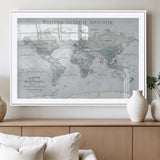 70605050-MGV-CV-36X24-Personalized World Map Wall Art – Cool Gray Adventure Travel Map with Custom Names, Elegant Push Pin Canvas for Couples, Family