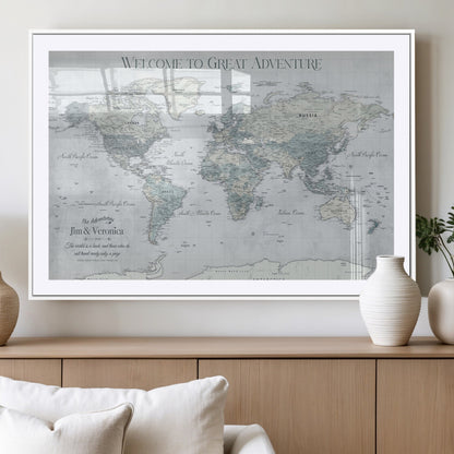 70605050-MGV-CV-36X24-Personalized World Map Wall Art – Cool Gray Adventure Travel Map with Custom Names, Elegant Push Pin Canvas for Couples, Family