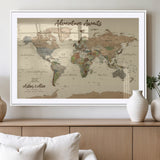 53442996-MGV-CV-36X24-Personalized World Map Wall Art – Adventure Awaits Vintage Travel Map with Custom Couple Names, Rustic Wall Decor for Home,
