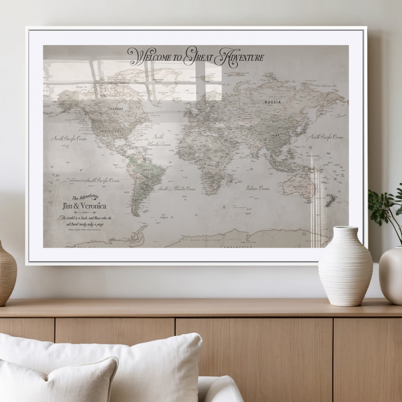 93034948-MGV-CV-36X24-Personalized World Map Wall Art – Vintage Beige Adventure Travel Map with Custom Names, Elegant Push Pin Canvas for Couples,