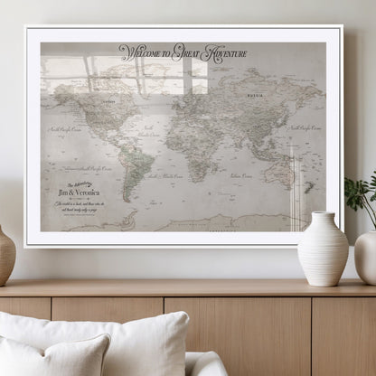 93034948-MGV-CV-36X24-Personalized World Map Wall Art – Vintage Beige Adventure Travel Map with Custom Names, Elegant Push Pin Canvas for Couples,